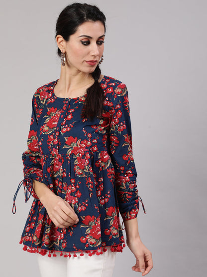 Women's Navy Blue Floral Printed Gathered Tunic
