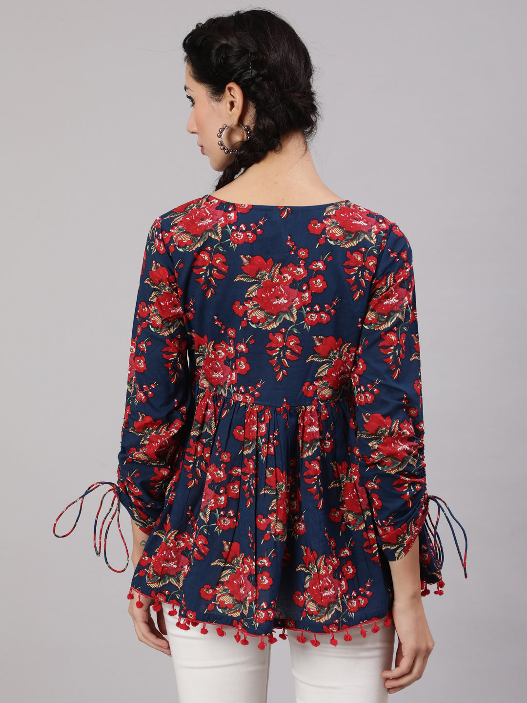 Women's Navy Blue Floral Printed Gathered Tunic