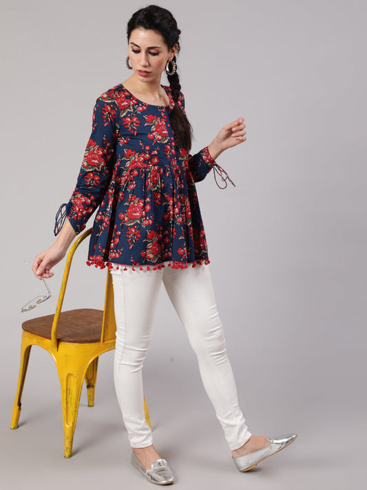 Women's Navy Blue Floral Printed Gathered Tunic