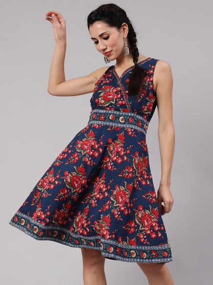 Women's Navy Blue Floral Print Short Dress
