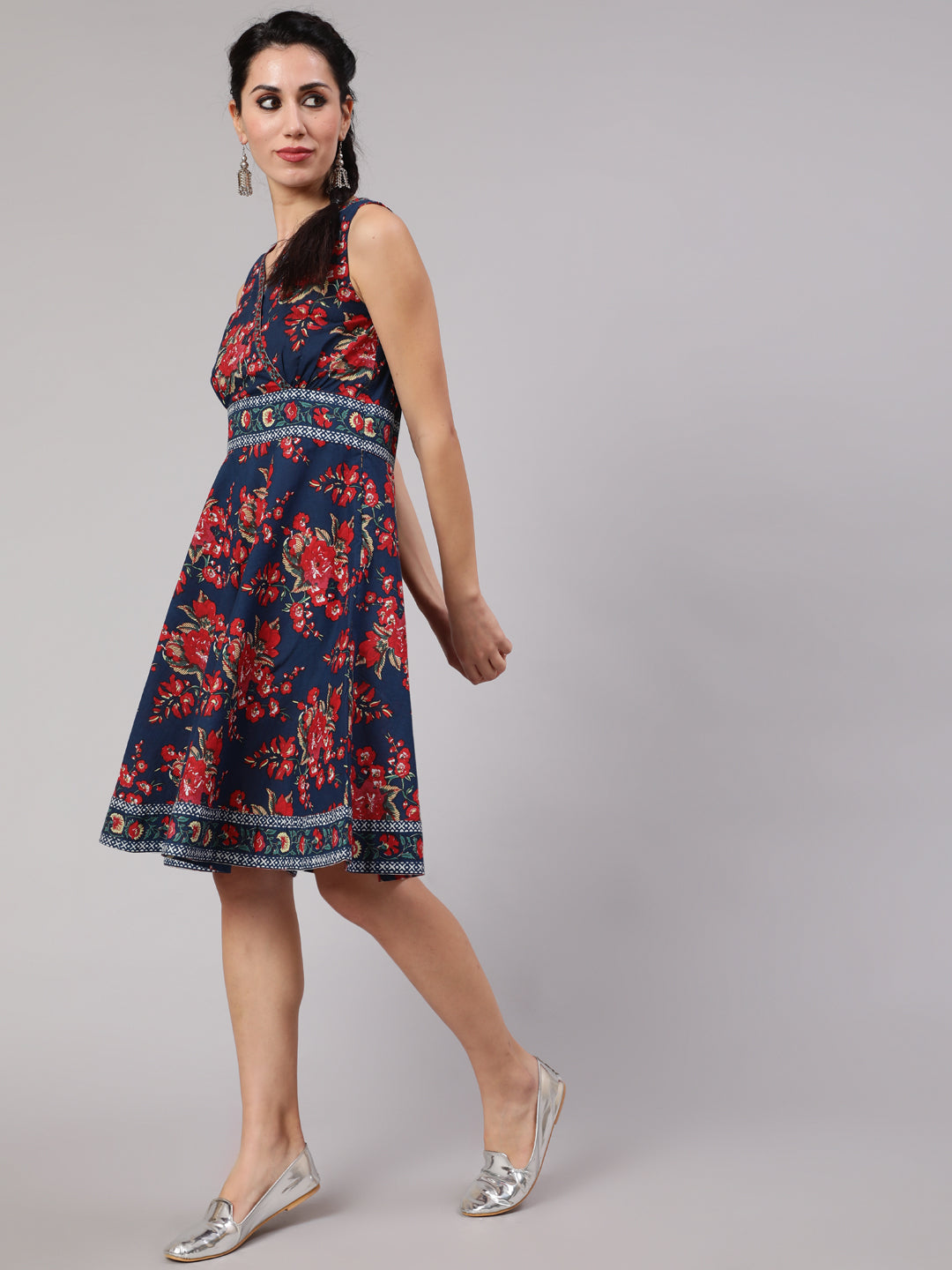 Women's Navy Blue Floral Print Short Dress