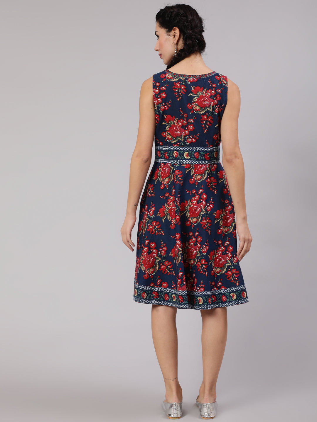 Women's Navy Blue Floral Print Short Dress