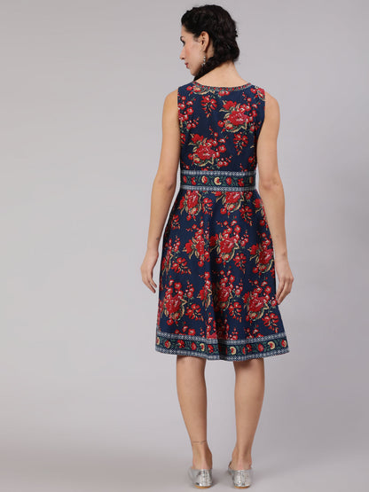 Women's Navy Blue Floral Print Short Dress