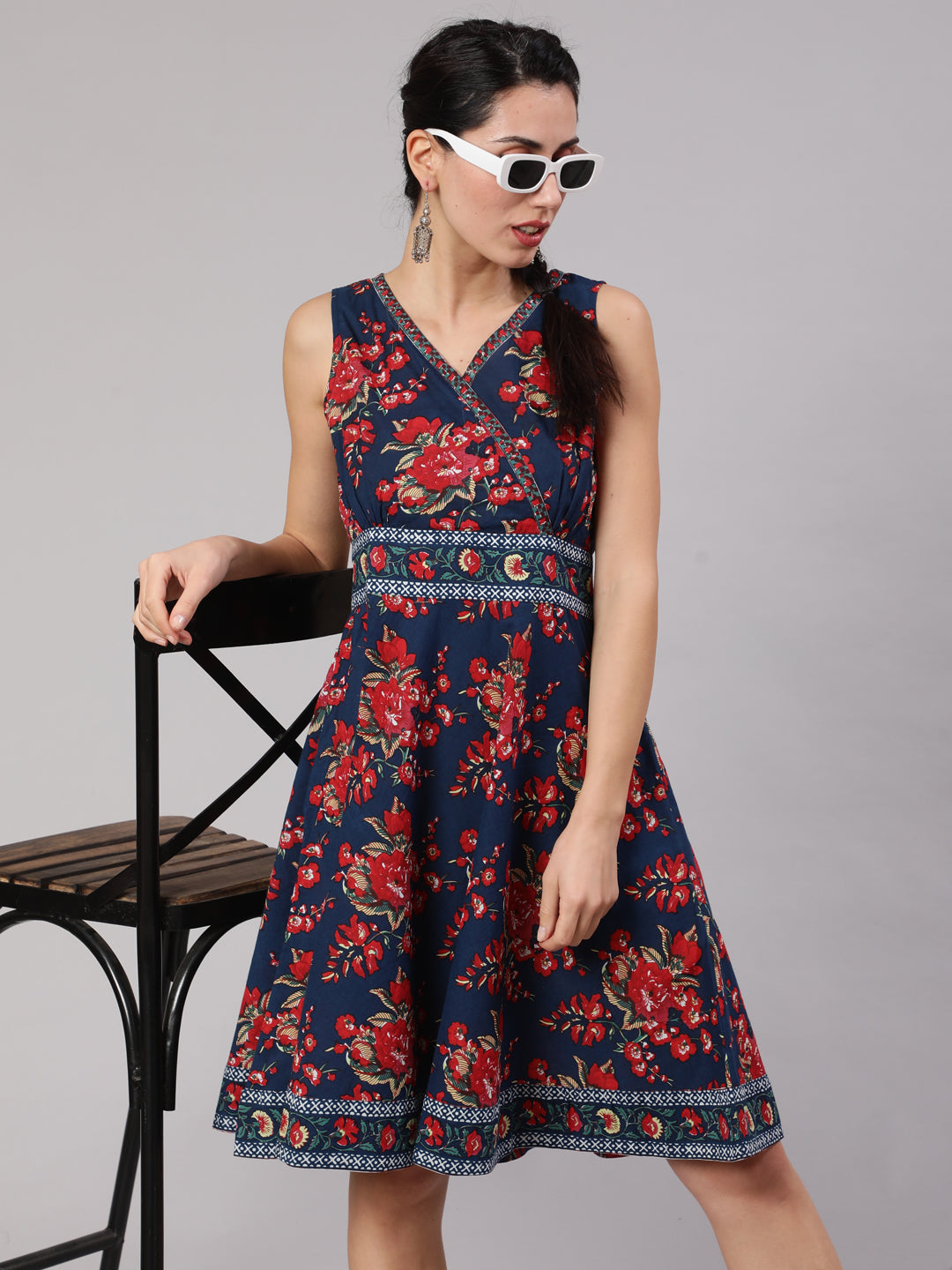Women's Navy Blue Floral Print Short Dress