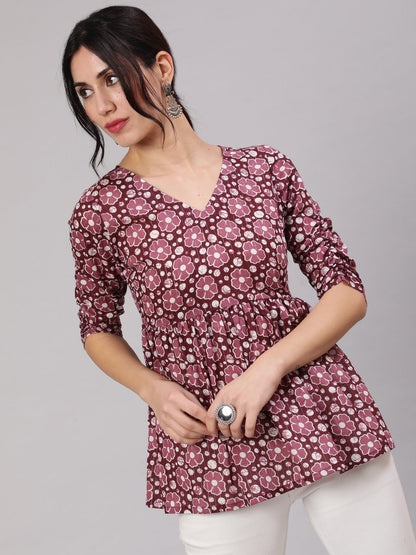 Women's Purple Floral Print Gathered Tunic