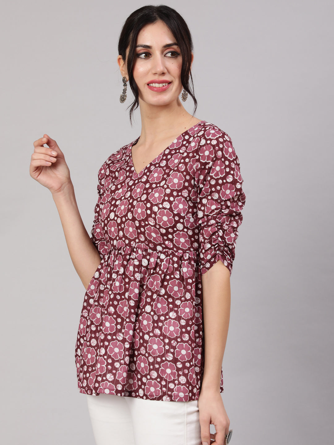 Women's Purple Floral Print Gathered Tunic