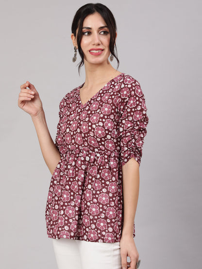 Women's Purple Floral Print Gathered Tunic