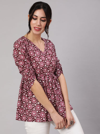 Women's Purple Floral Print Gathered Tunic