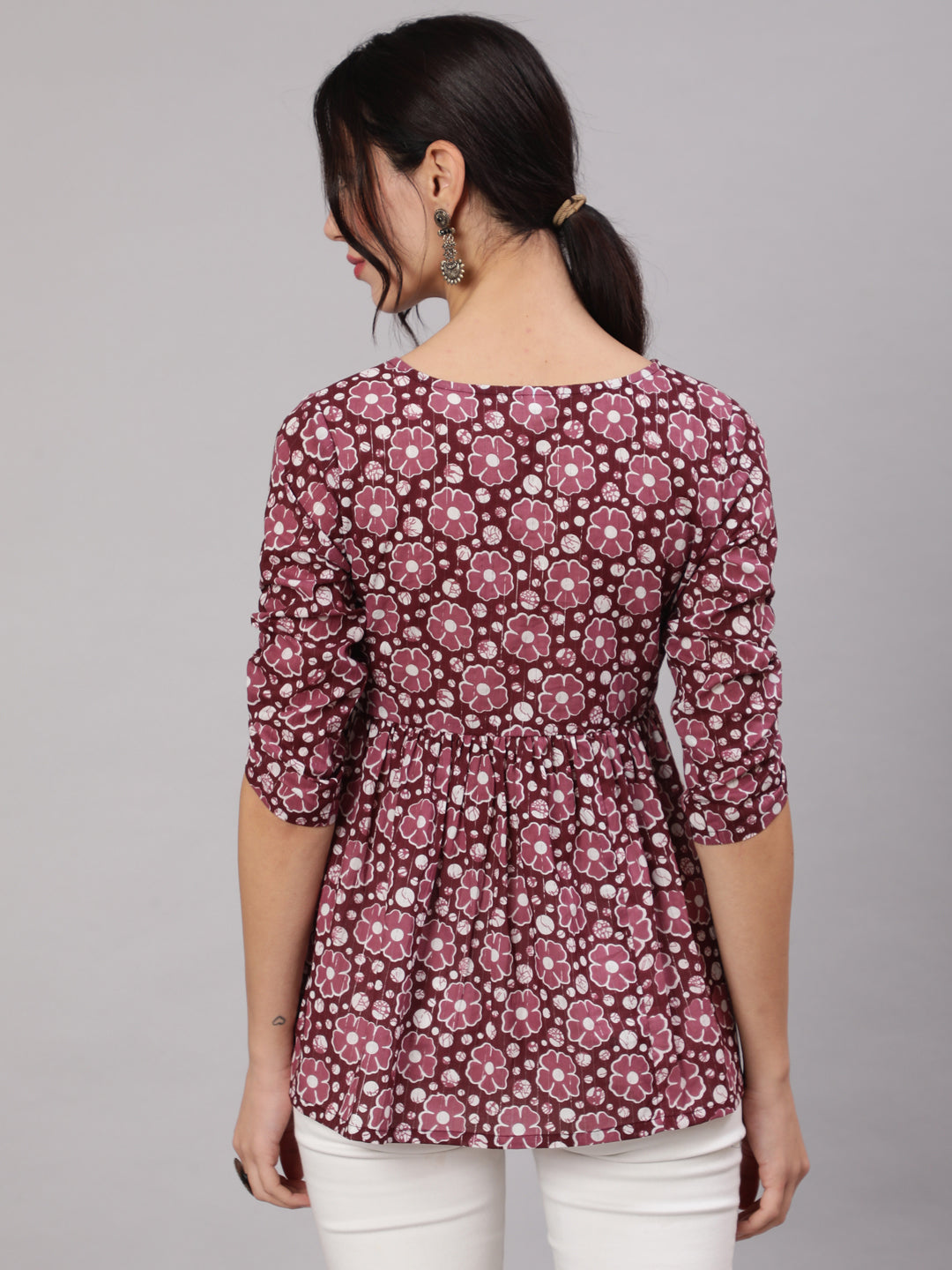Women's Purple Floral Print Gathered Tunic