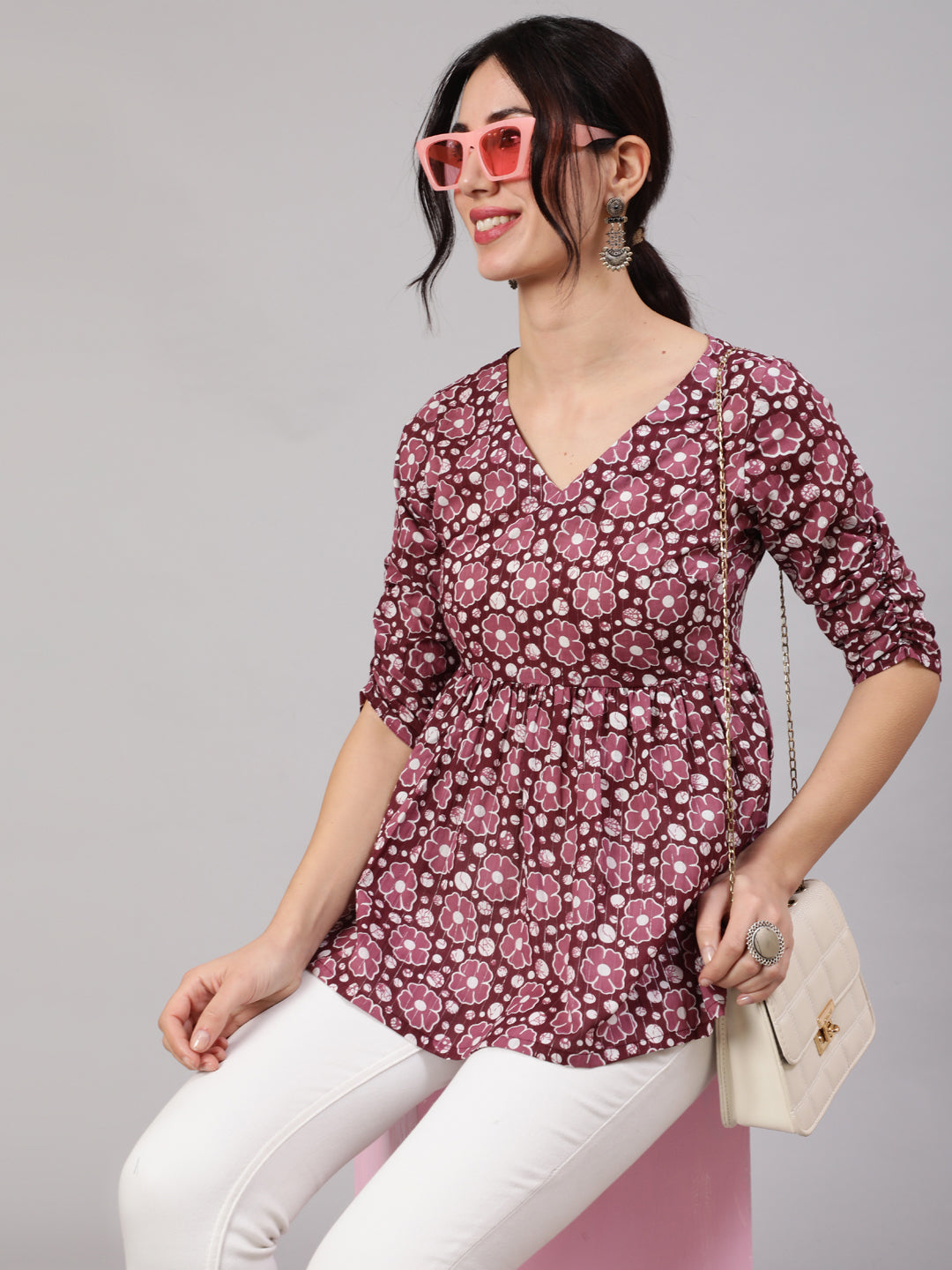 Women's Purple Floral Print Gathered Tunic