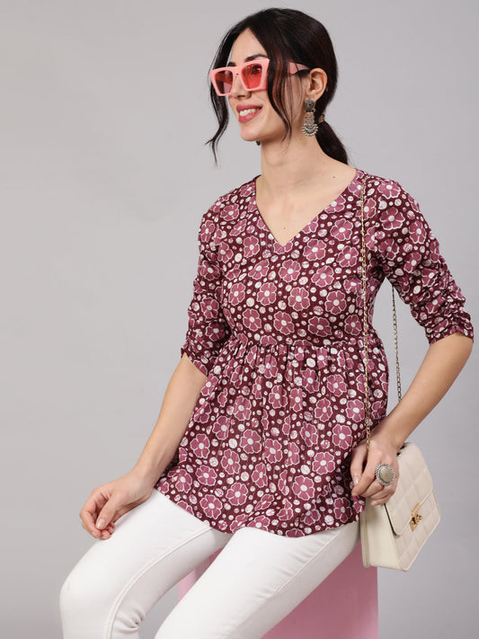 Women's Purple Floral Print Gathered Tunic