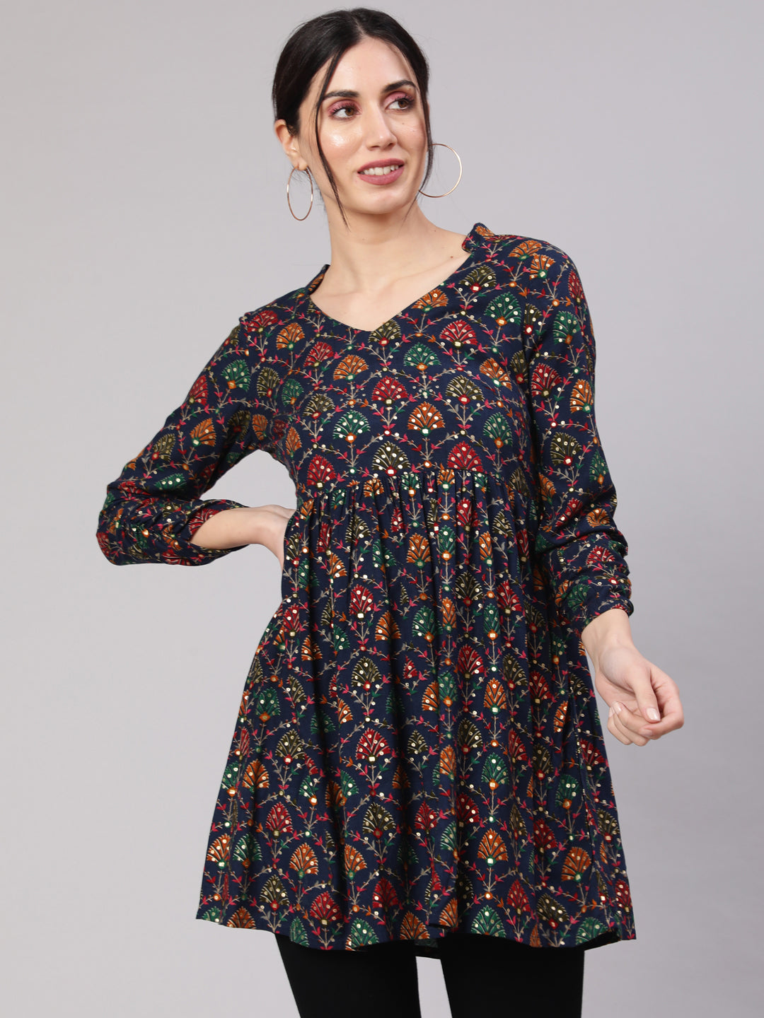 Women's Navy Blue Gold Printed Flared Tunic