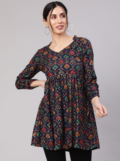 Women's Navy Blue Gold Printed Flared Tunic