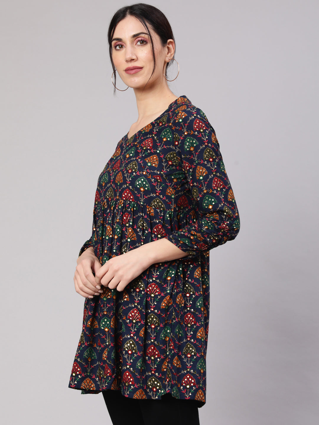 Women's Navy Blue Gold Printed Flared Tunic
