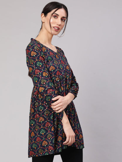 Women's Navy Blue Gold Printed Flared Tunic