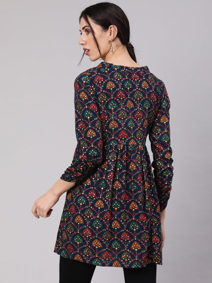 Women's Navy Blue Gold Printed Flared Tunic
