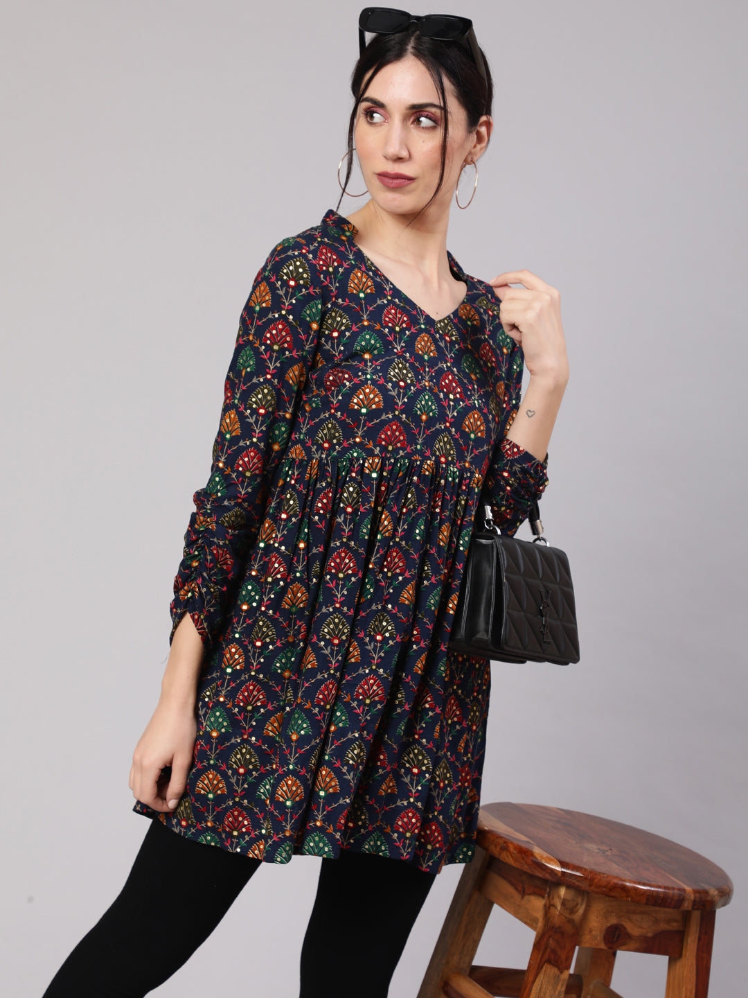 Women's Navy Blue Gold Printed Flared Tunic