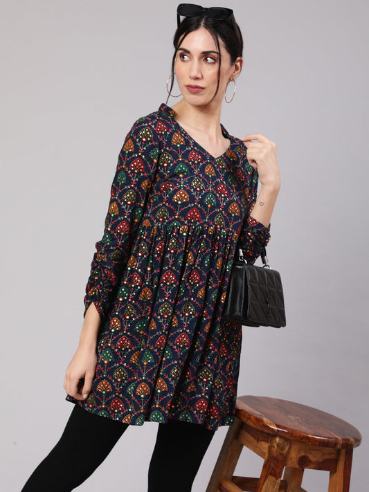 Women's Navy Blue Gold Printed Flared Tunic