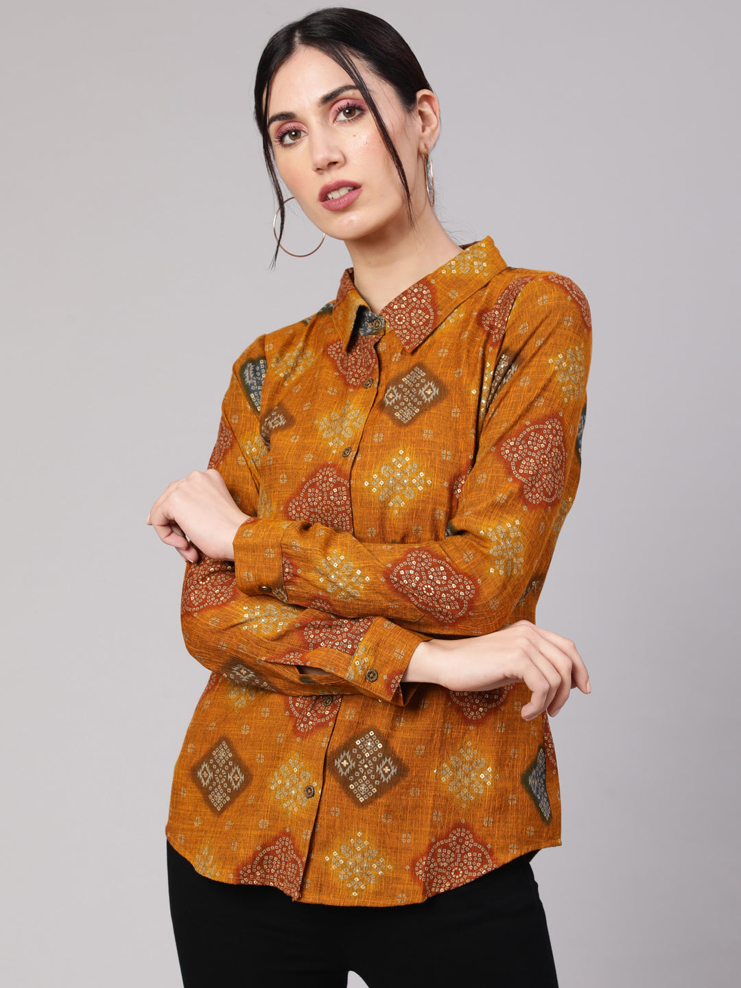 Women's Mustard Bandhani Print Shirt