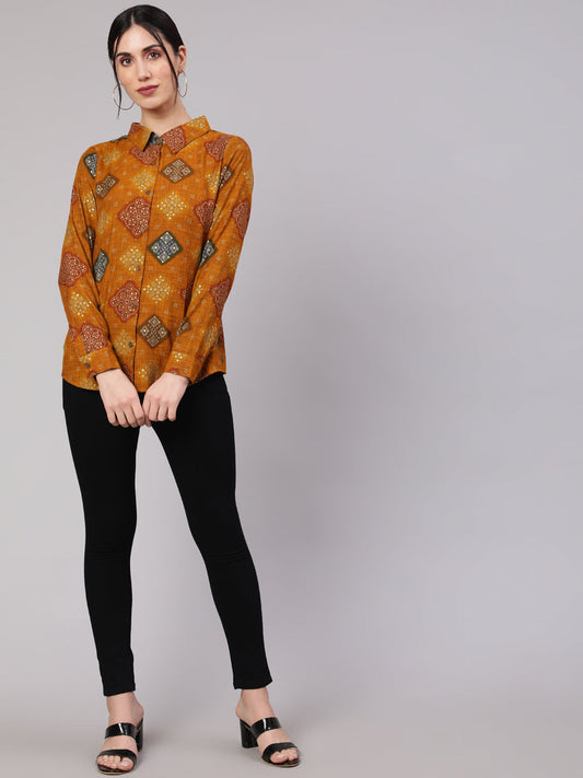 Women's Mustard Bandhani Print Shirt