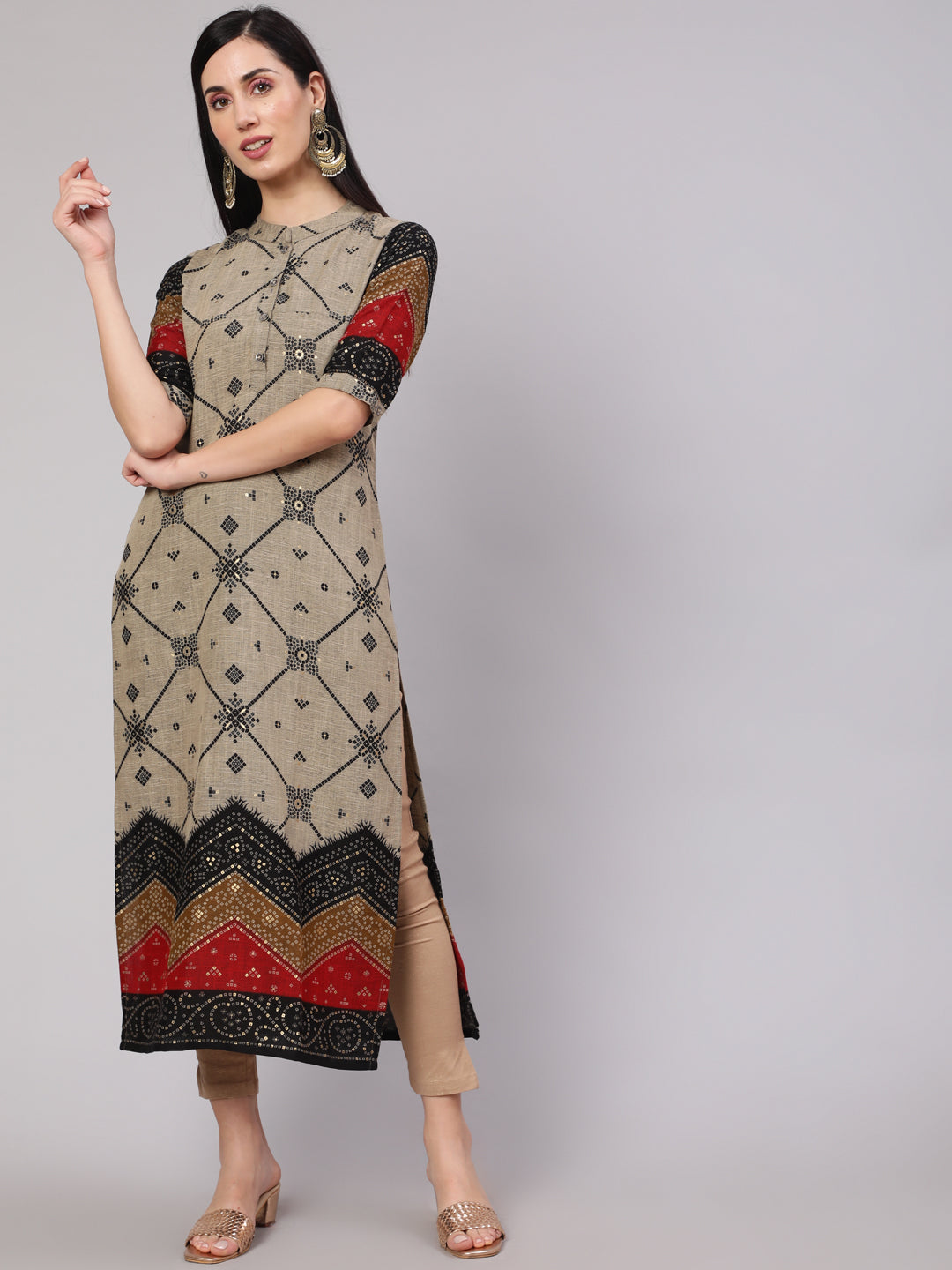 Women's Grey Bandhani Print Long Kurta