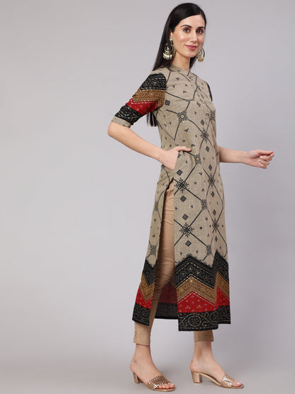 Women's Grey Bandhani Print Long Kurta