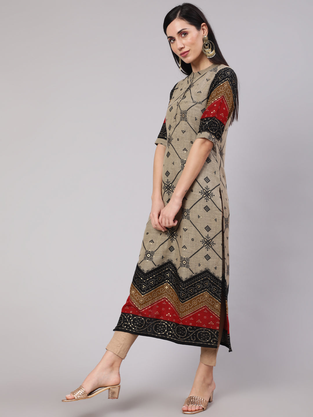 Women's Grey Bandhani Print Long Kurta