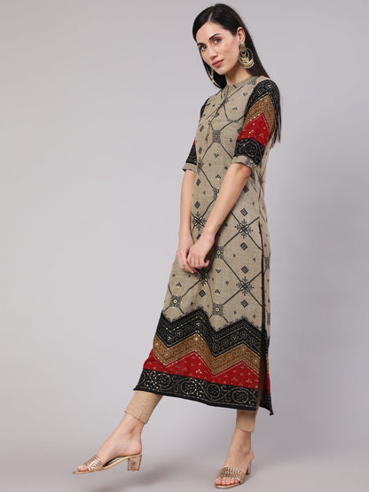 Women's Grey Bandhani Print Long Kurta
