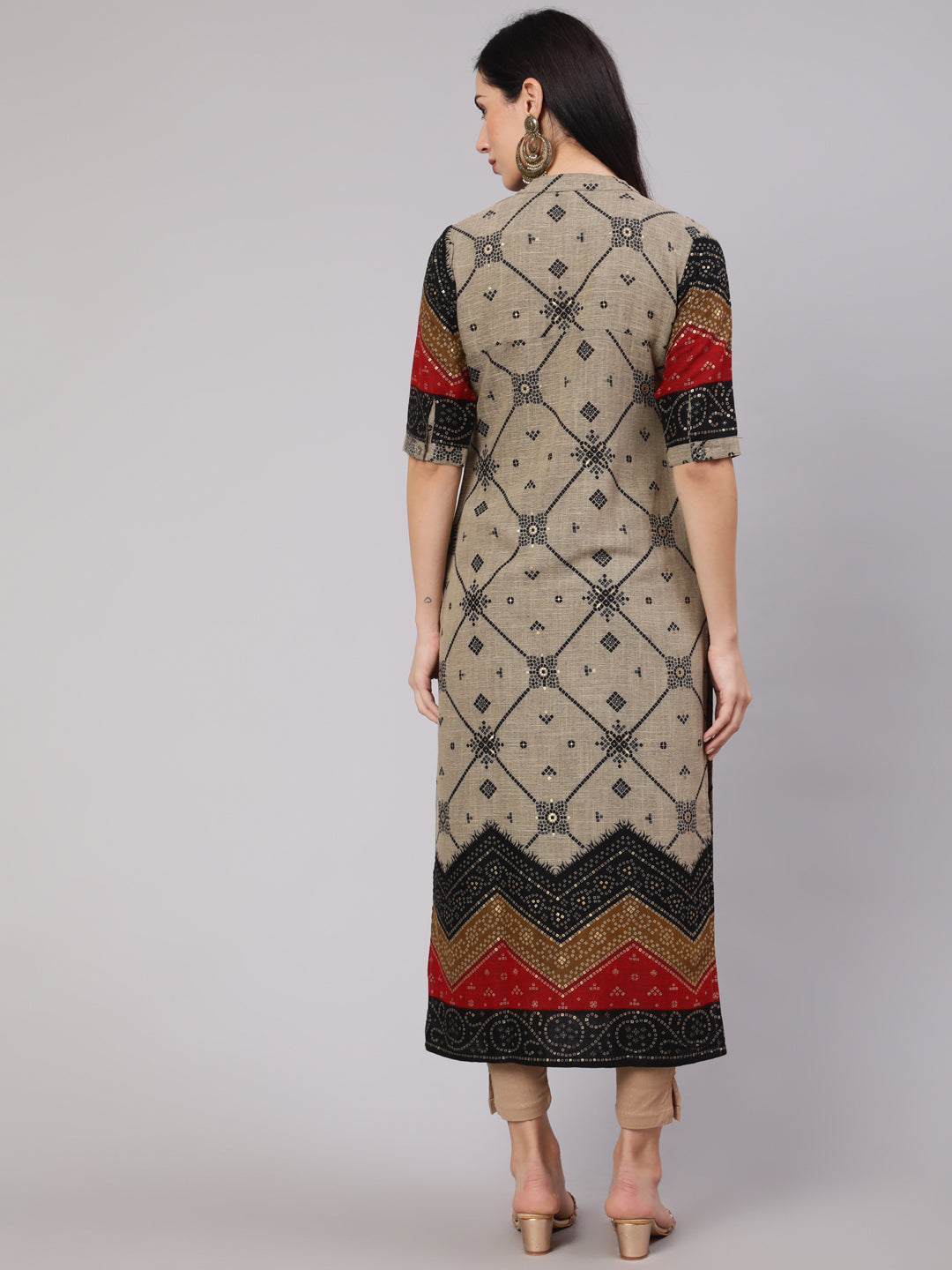 Women's Grey Bandhani Print Long Kurta