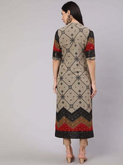 Women's Grey Bandhani Print Long Kurta