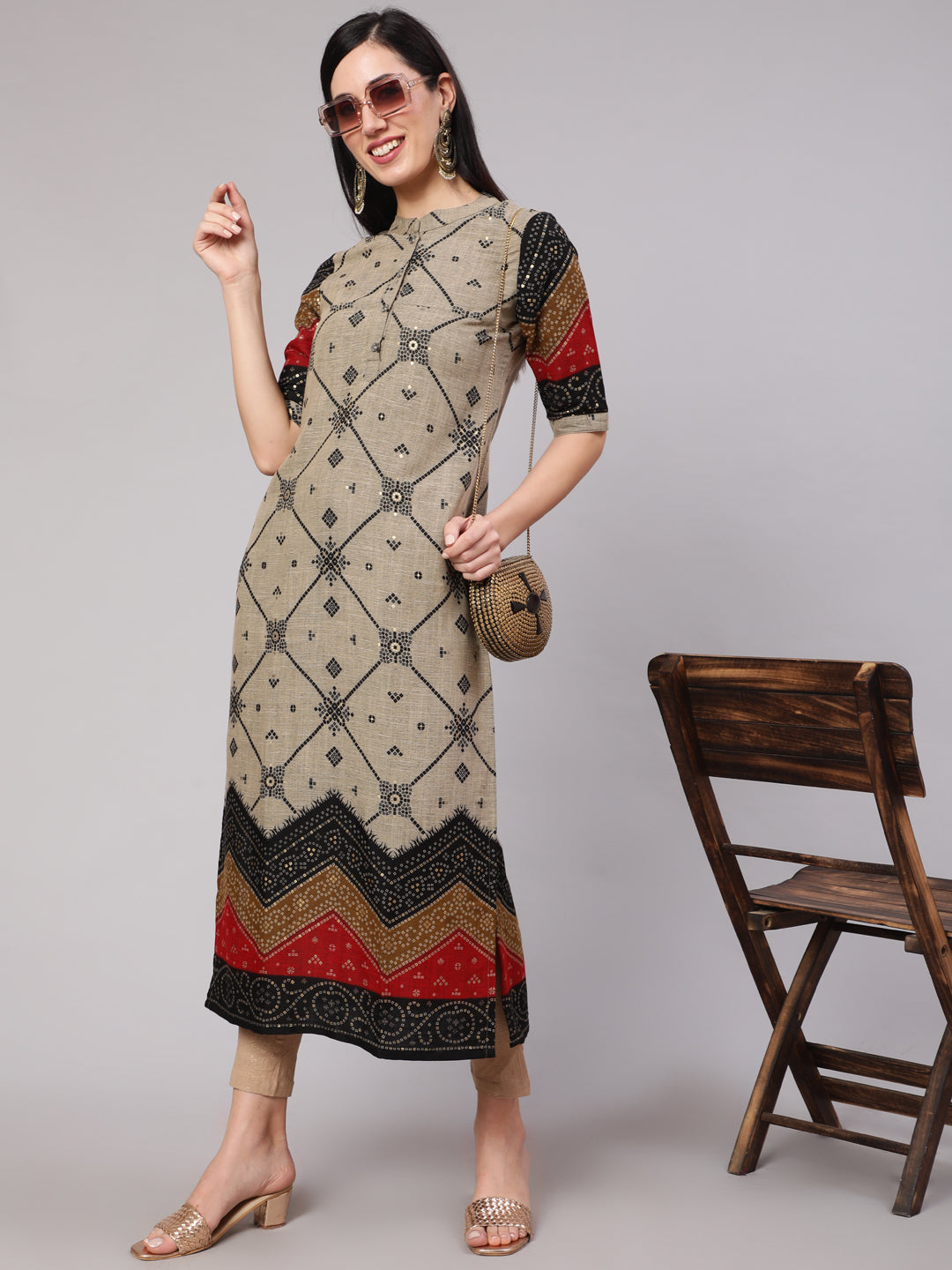 Women's Grey Bandhani Print Long Kurta