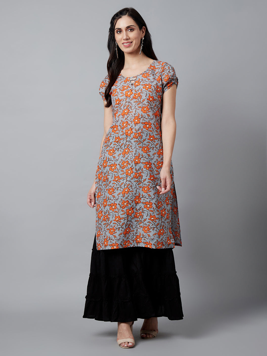 Women's Grey Floral Printed Straight Kurta