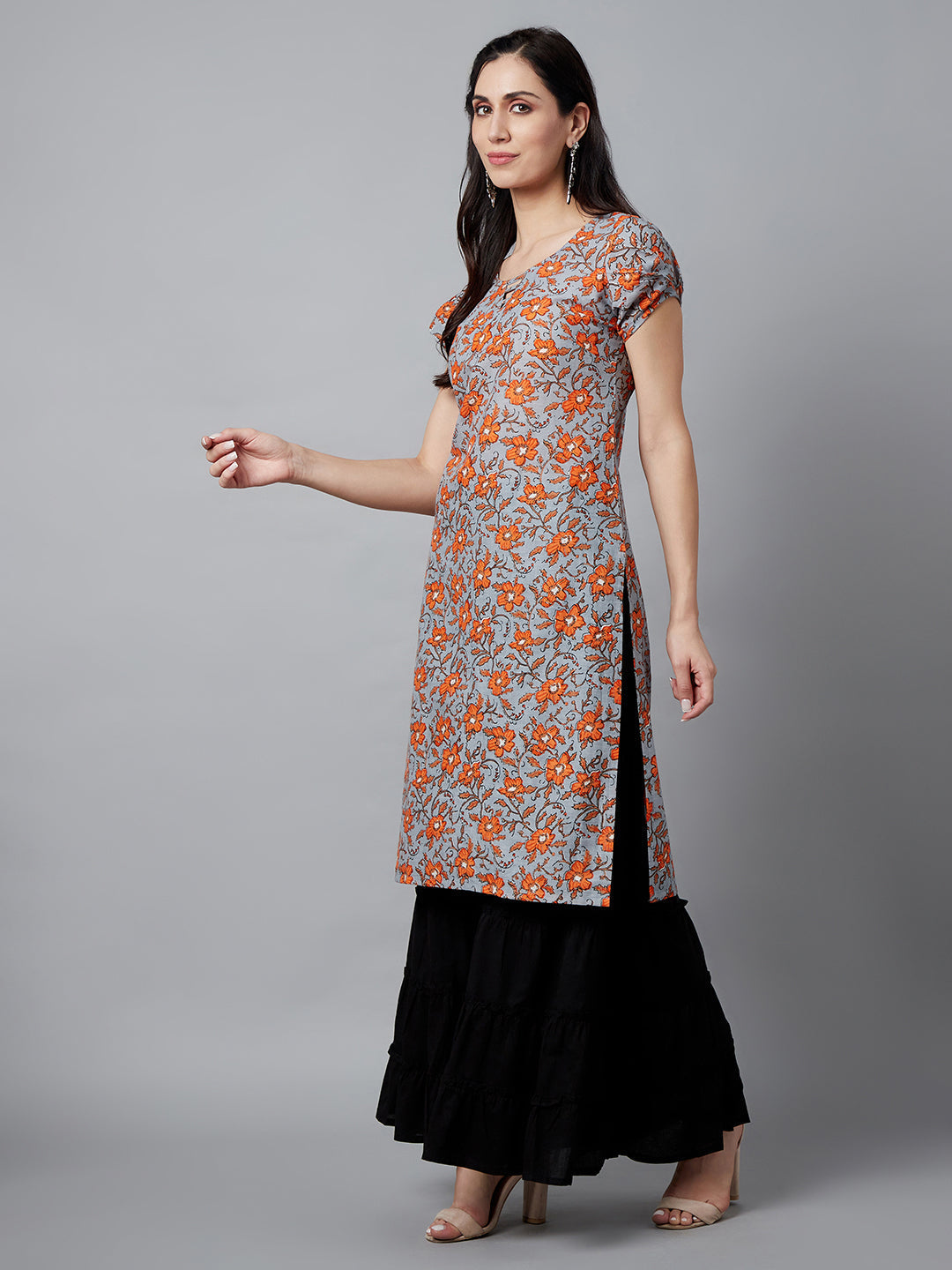 Women's Grey Floral Printed Straight Kurta