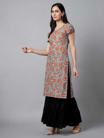 Women's Grey Floral Printed Straight Kurta