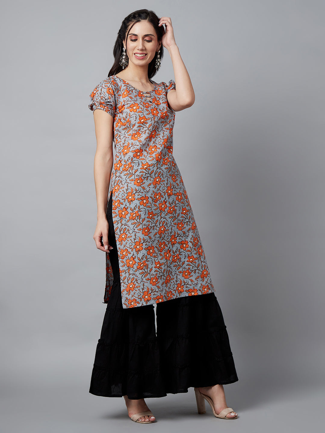 Women's Grey Floral Printed Straight Kurta
