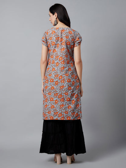 Women's Grey Floral Printed Straight Kurta