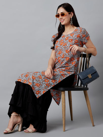 Women's Grey Floral Printed Straight Kurta