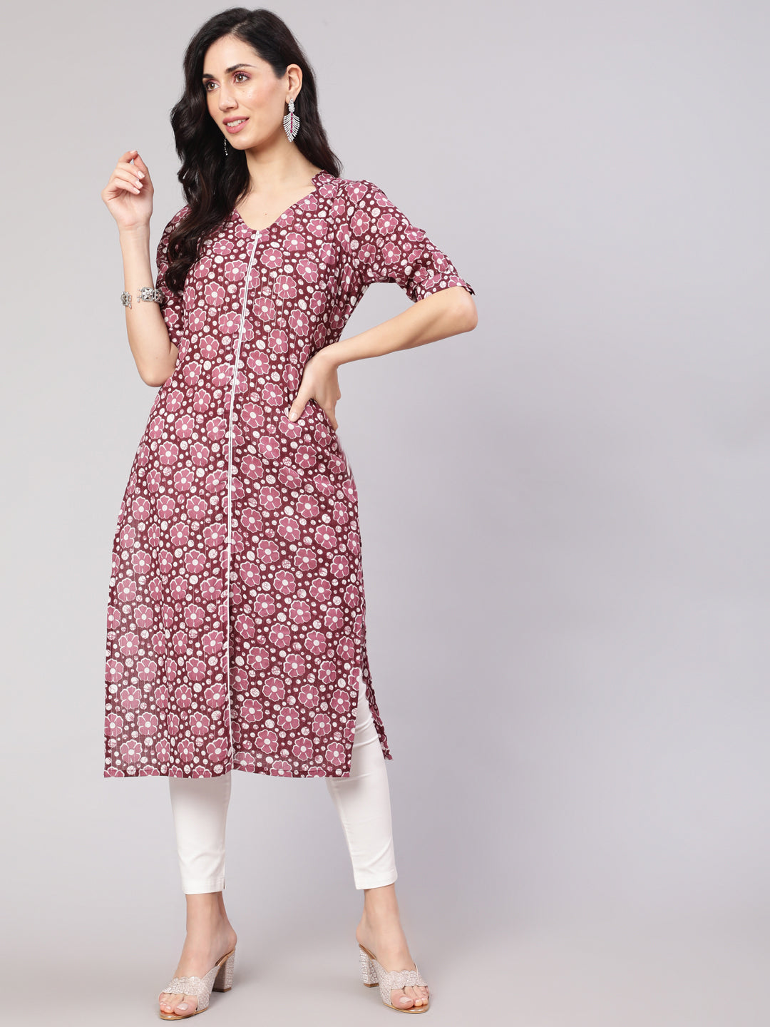 Women's Purple Floral Print Lurex Kurta