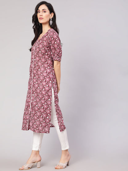Women's Purple Floral Print Lurex Kurta