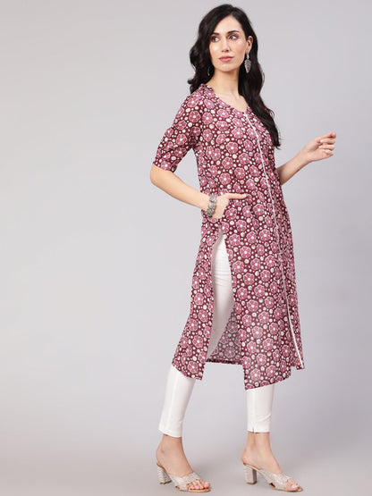 Women's Purple Floral Print Lurex Kurta