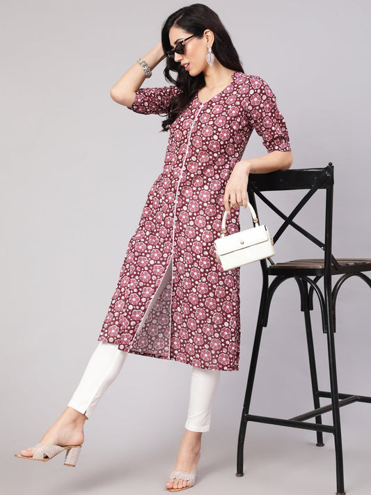 Women's Purple Floral Print Lurex Kurta