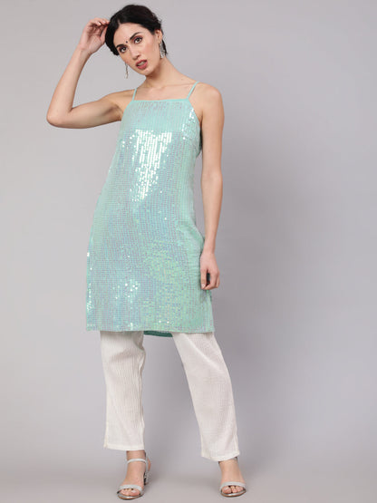 Women's Sea Green Sequin Straight Kurta
