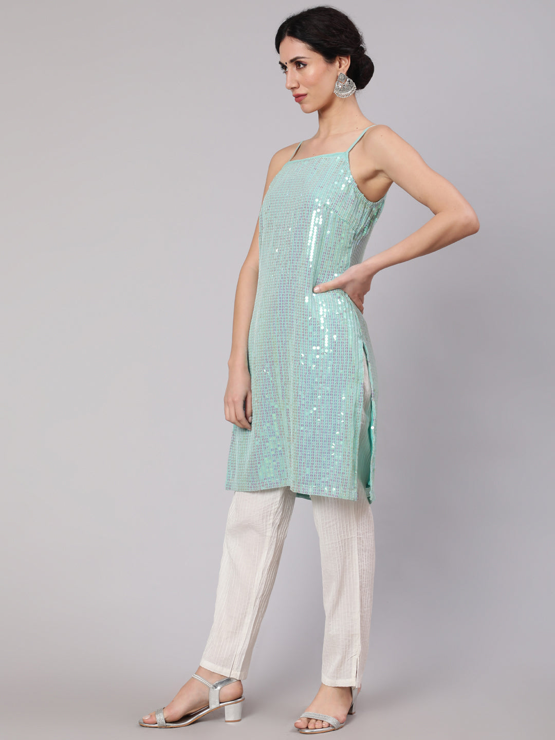Women's Sea Green Sequin Straight Kurta