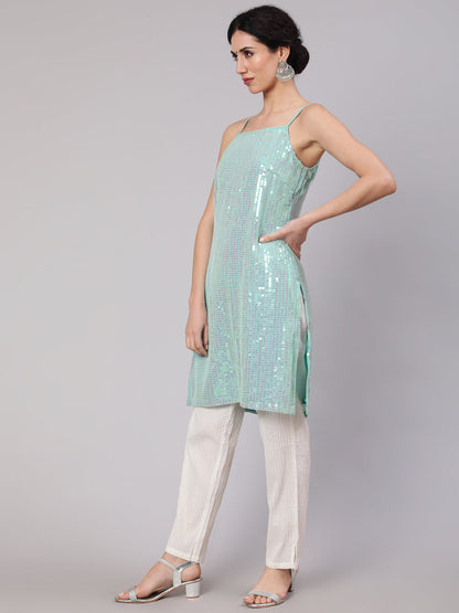 Women's Sea Green Sequin Straight Kurta