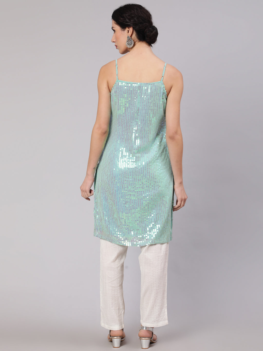 Women's Sea Green Sequin Straight Kurta