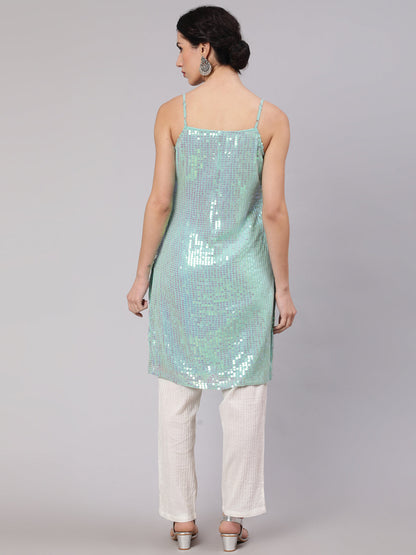 Women's Sea Green Sequin Straight Kurta