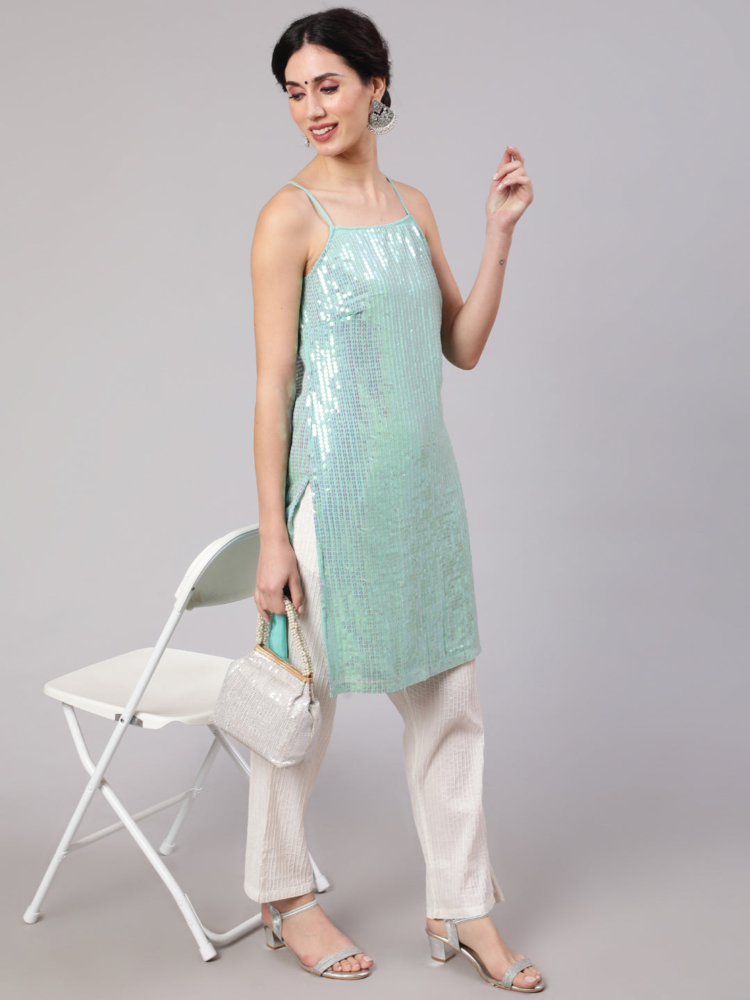 Women's Sea Green Sequin Straight Kurta