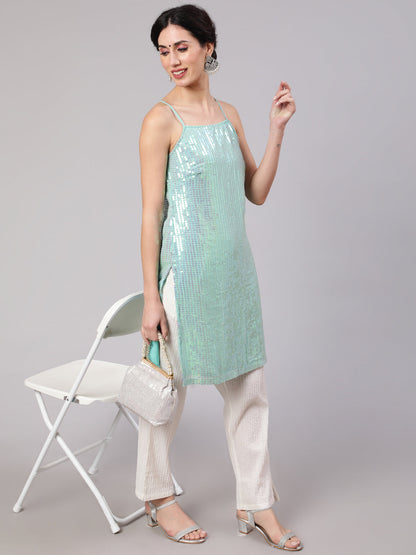 Women's Sea Green Sequin Straight Kurta