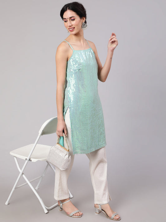 Women's Sea Green Sequin Straight Kurta