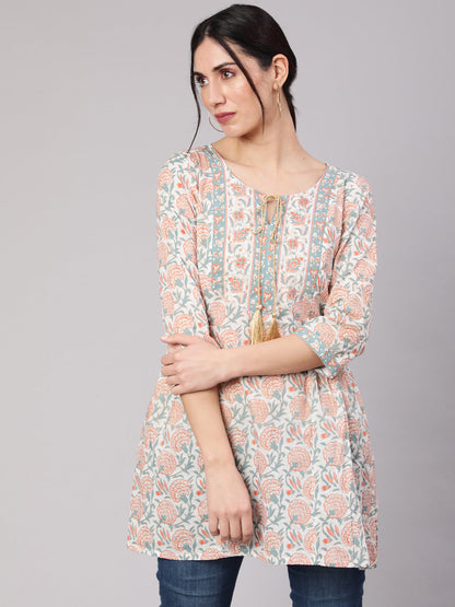Women's White Floral Print Straight Tunic
